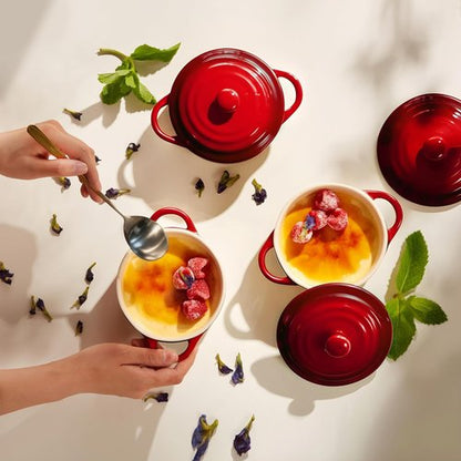Kook Mini Cocotte Set - Small Casserole Dishes with Lids & Handles | Oven Safe 350°F, 12 oz, Set of 4 (Crimson Ombre)