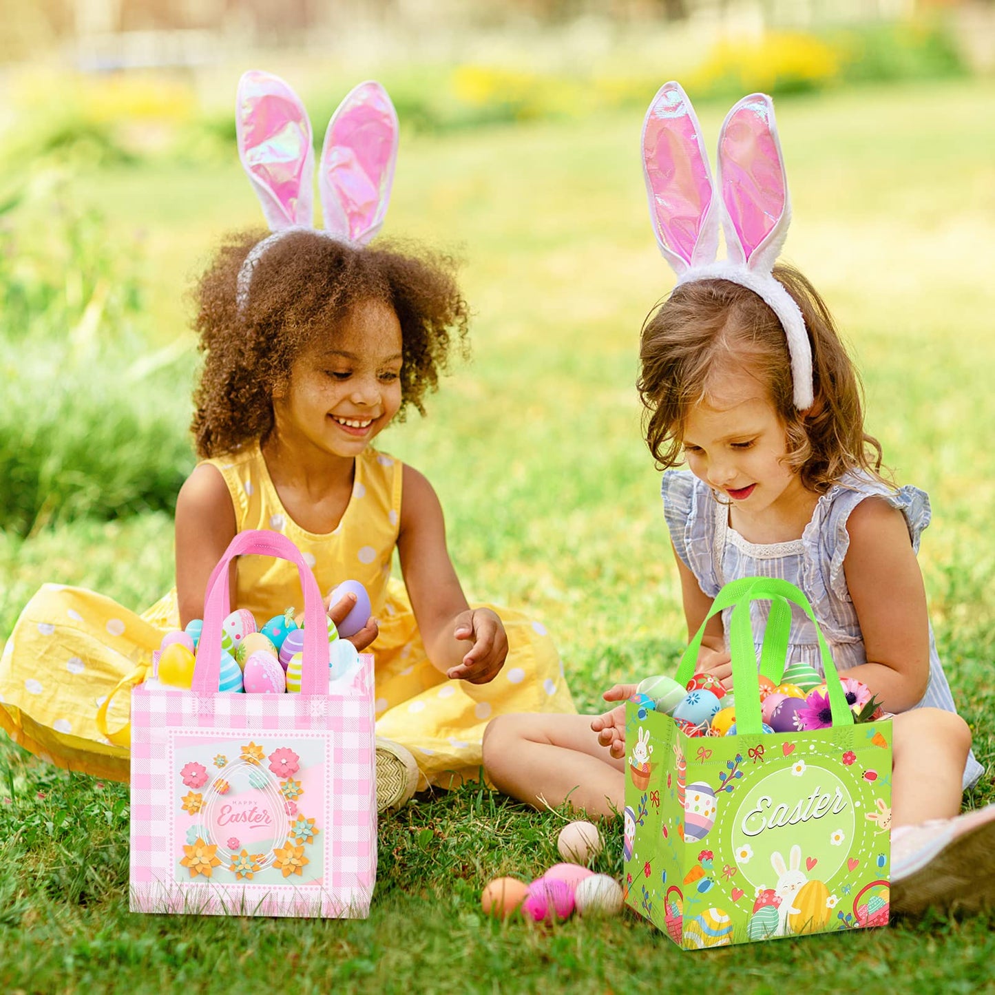 YANGTE Easter Bags 36 pcs Easter Baskets with Handle Gift Bags Reusable Non-Woven Tote Bags for Kids Easter Holiday Spring Party Supplies Open Size 12.4 * 9.84 * 6.69 in