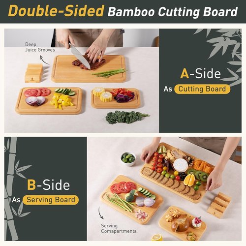 Bamboo Cutting Board Set by [Brand Name] - 3 Pack with Juice Grooves & Built-In Handles | Ideal for Charcuterie & Chopping