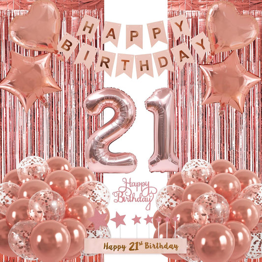 RUBFAC 21st Birthday Decorations - Elegant Rose Gold Sweet 21 Party Kit with Banner & Balloons