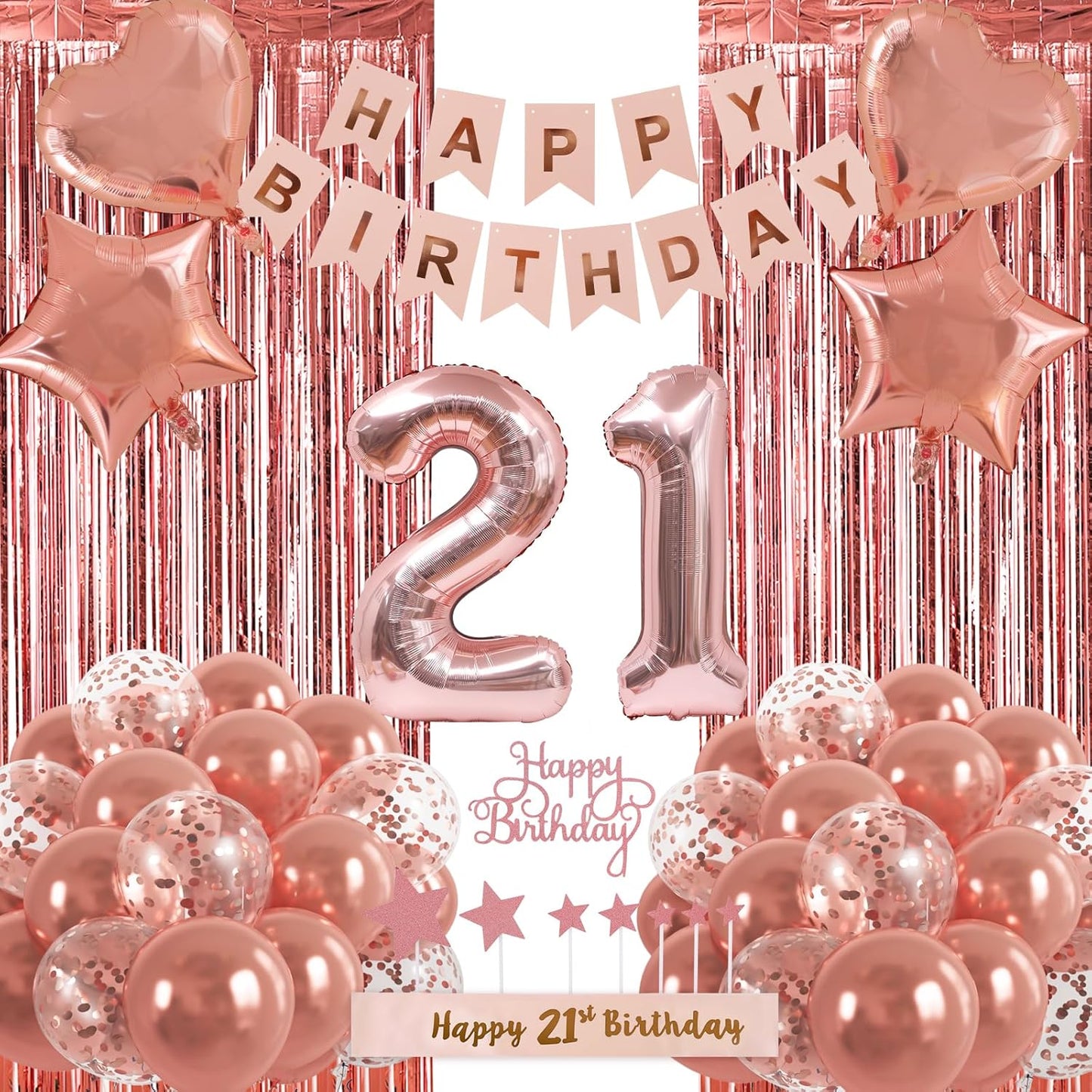 RUBFAC 21st Birthday Decorations - Elegant Rose Gold Sweet 21 Party Kit with Banner & Balloons