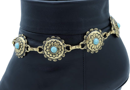 TrendyFashionJewelry | Women's Western Bohemian Boot Chain Bracelet Anklet - Antique Gold with Blue Flower Charm