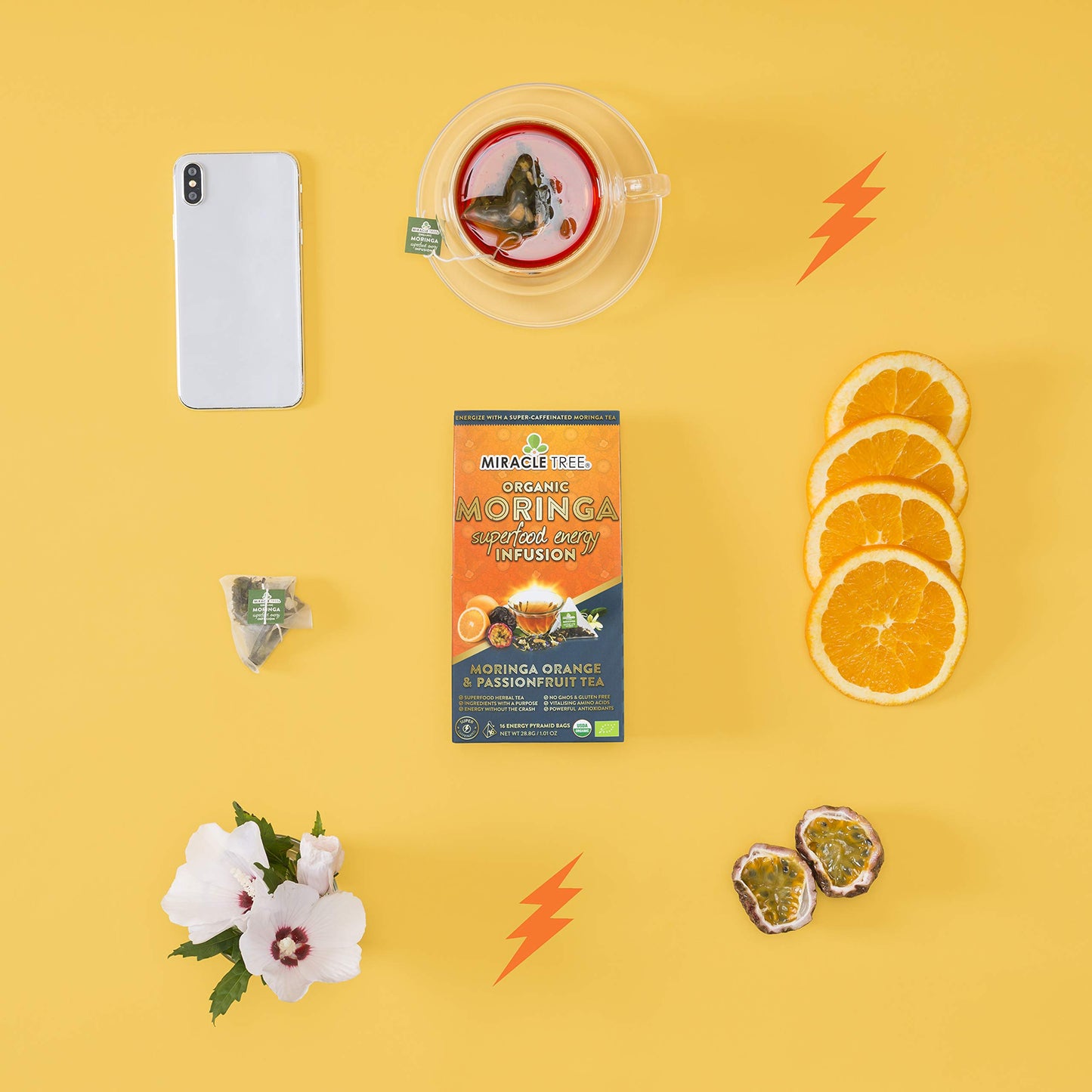 Miracle Tree's Moringa Energy Tea - Orange & Passionfruit | Super Caffeinated Blend | Healthy Coffee Alternative, Perfect for Focus | Organic Certified & Non-GMO | 3 X 16 Pyramid Sachets