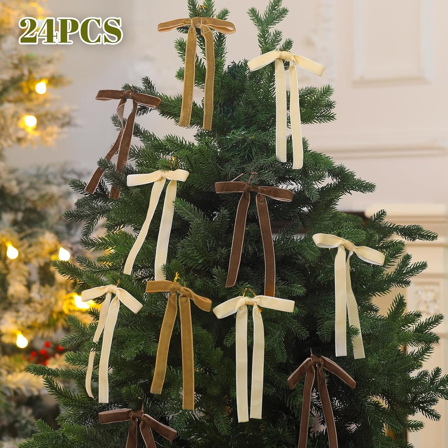 Skiennix 24 Pcs Velvet Bows - Vintage Ribbon Bows for Christmas Tree & Crafts | 5 x 7 Inch, Brown, Khaki, Beige