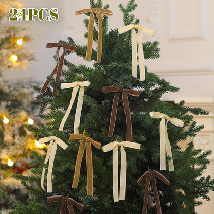 Skiennix 24 Pcs Velvet Bows - Vintage Ribbon Bows for Christmas Tree & Crafts | 5 x 7 Inch, Brown, Khaki, Beige