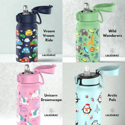 Skiennix Kids Stainless Steel Water Bottle - 12 oz Insulated Thermos with Straw Lid | Leakproof & BPA-Free (Light Blue Arctic Pals)