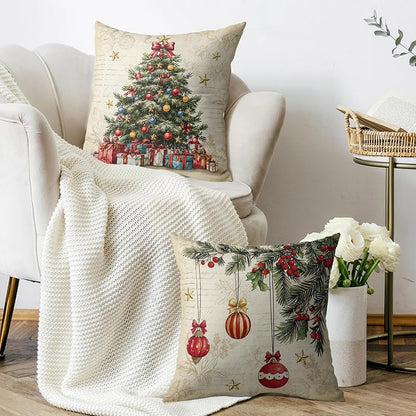 Vintage Christmas Tree Pillow Covers 18x18 Inches - Set of 2, Red & Green