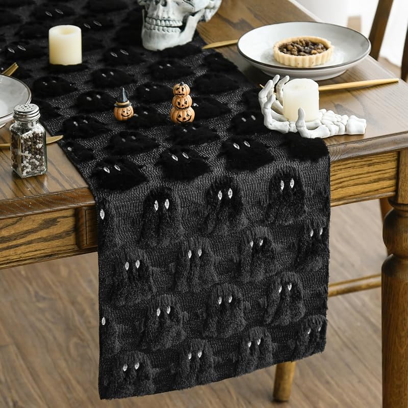 Artoid Mode Black Soft Faux Fur Ghost Table Runner 13 x 120 Inch (Variation: Black+13" x 120")