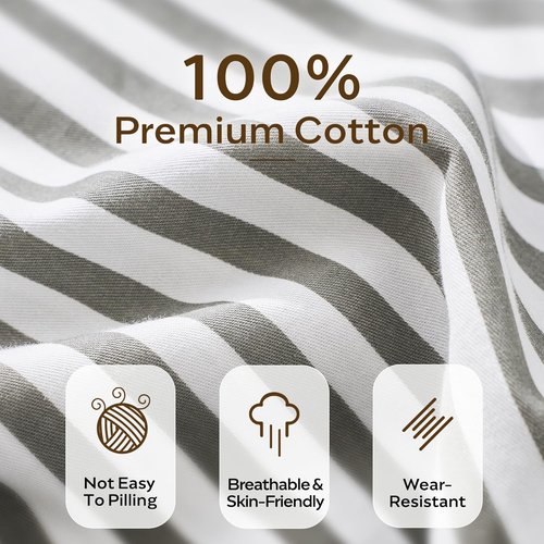 JELLYMONI 100% Natural Cotton Striped Duvet Cover Set - White & Grey | Queen Size, Zipper Closure & Corner Ties