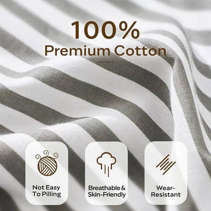 JELLYMONI 100% Natural Cotton Striped Duvet Cover Set - White & Grey | Queen Size, Zipper Closure & Corner Ties