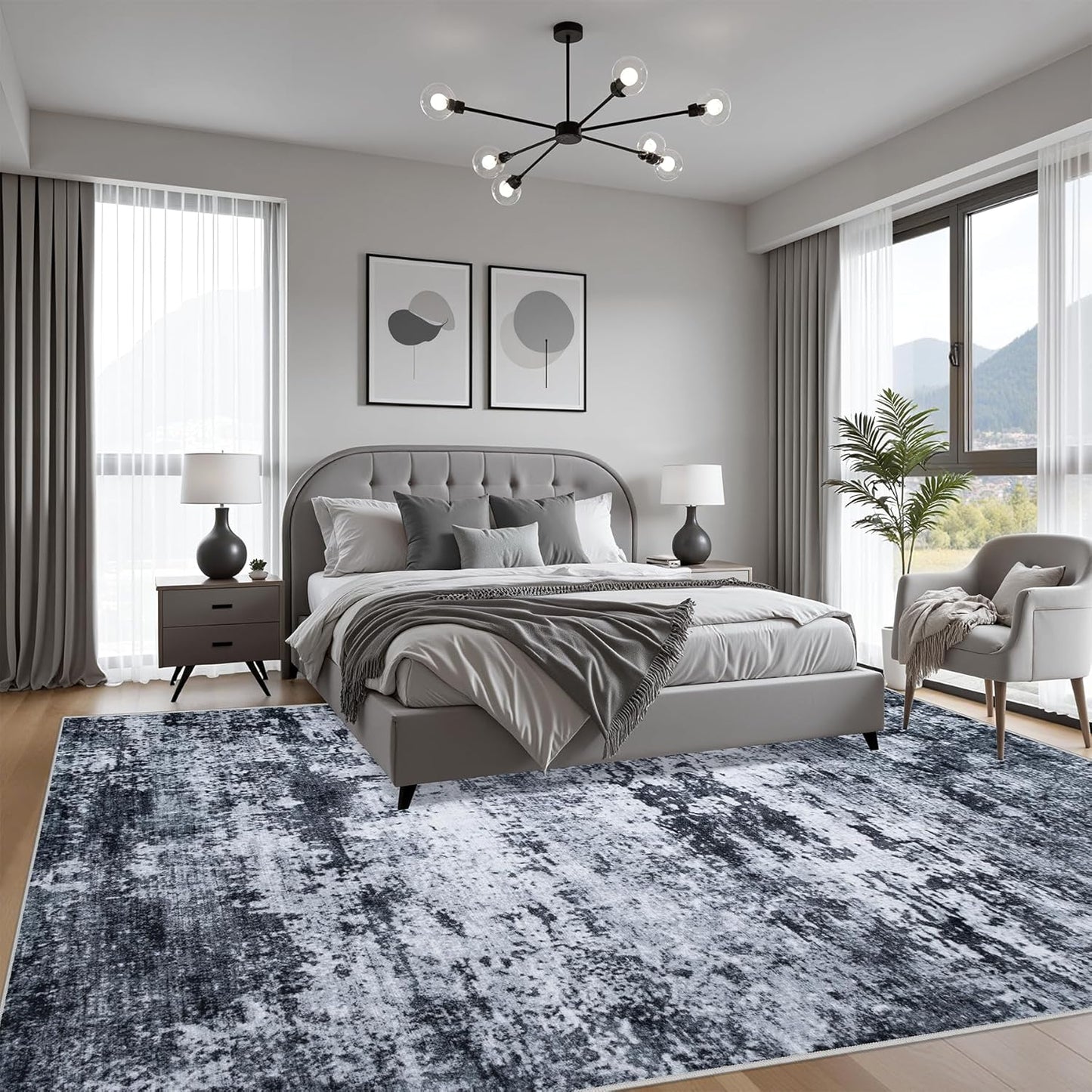 Skiennix 5x7 Area Rug - Washable Modern Abstract Soft Indoor Carpet | Non-Slip & Stain Resistant - Black