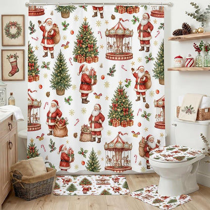 Santa Claus Shower Curtain Set - 4Pcs Holiday Bath Decor, 100% Polyester