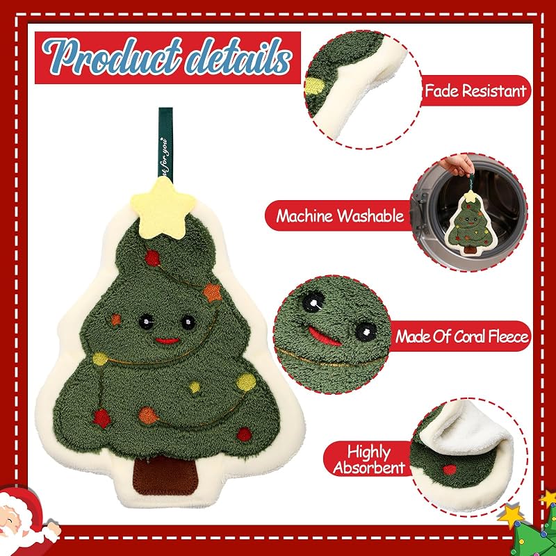 Christmas Hand Towels Set of 3 - Santa, Gingerbread Man & Christmas Tree – Hanging Kitchen & Bathroom Towel