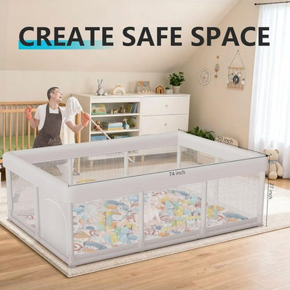 Hiaksedt Baby Playpen - Large Indoor & Outdoor Play Yard for Babies and Toddlers | 74x50 Inches, Zipper Gates, Breathable Mesh