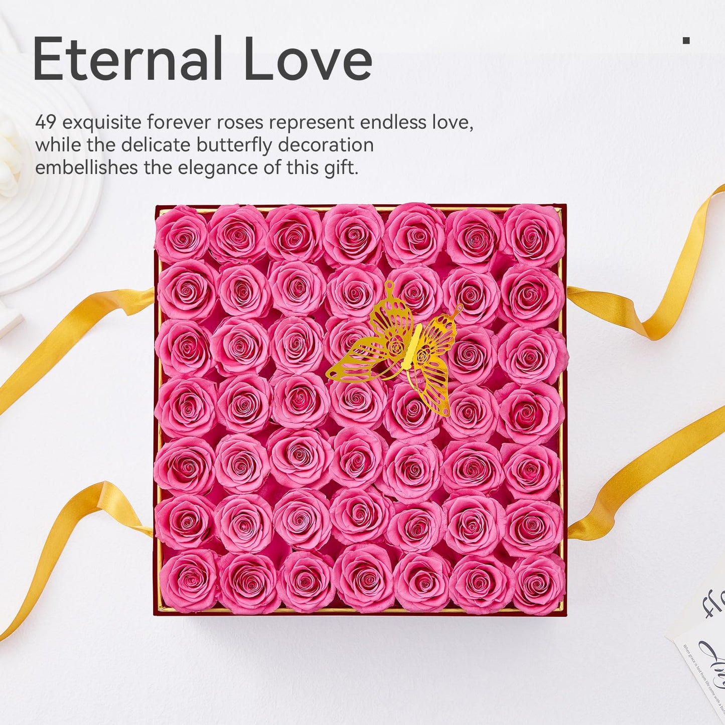 Mosstory Preserved Roses in a Box 49-Piece Forever Flowers Gifts for Women Wife Mother Day Christmas Anniversary (Pink Roses, Square Burgundy Suede Box)