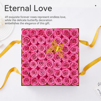 Mosstory Preserved Roses in a Box 49-Piece Forever Flowers Gifts for Women Wife Mother Day Christmas Anniversary (Pink Roses, Square Burgundy Suede Box)