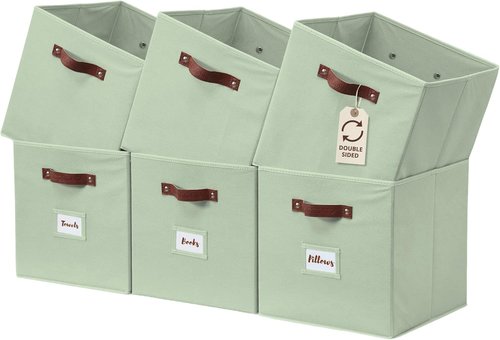 DECOMOMO Storage Bins - Fabric Cube Storage Bins with Labels | 10.5" x 11" | Set of 6, Sage Green