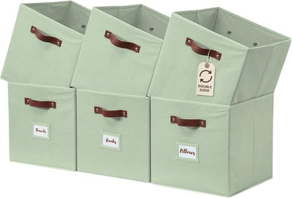DECOMOMO Storage Bins - Fabric Cube Storage Bins with Labels | 10.5" x 11" | Set of 6, Sage Green