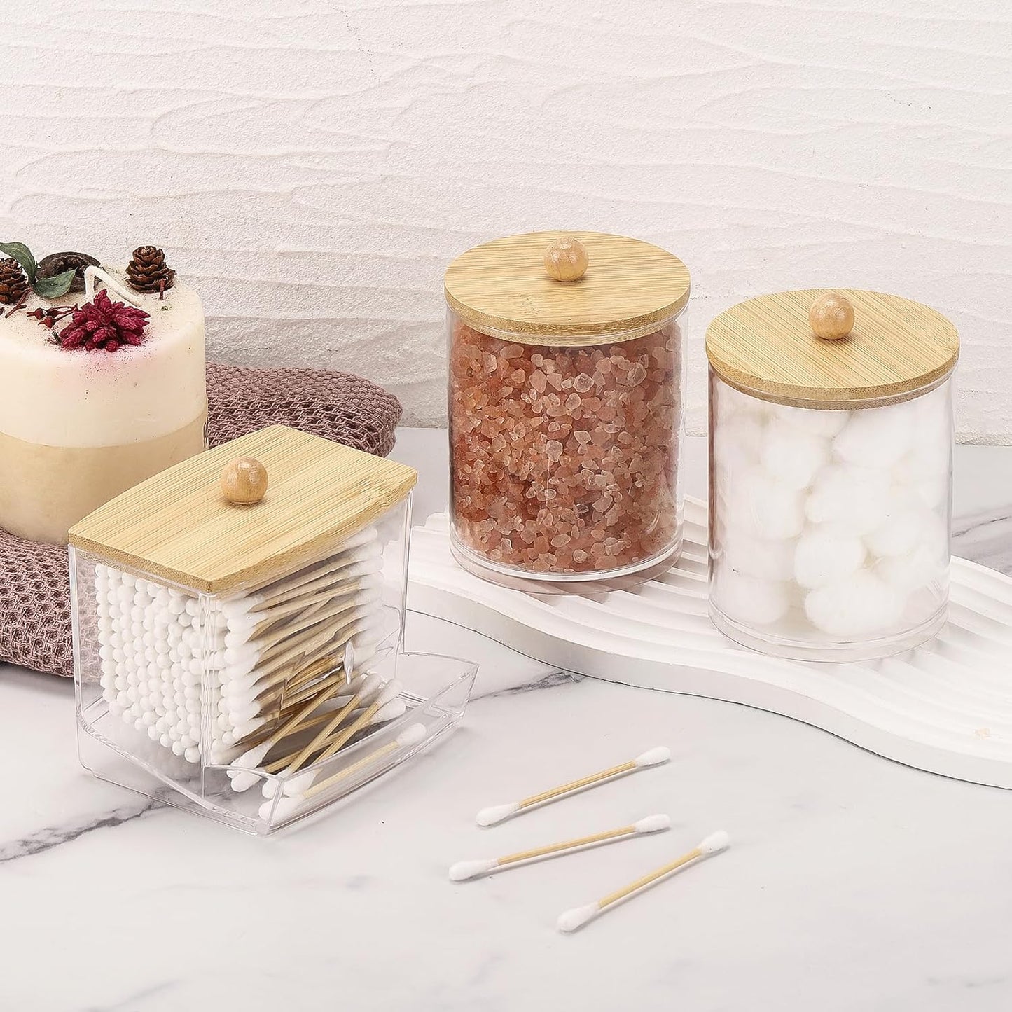 Tbestmax Qtips Dispenser - Stylish Bathroom Container with Bamboo Lid | 10/12 oz Cotton Ball Holder