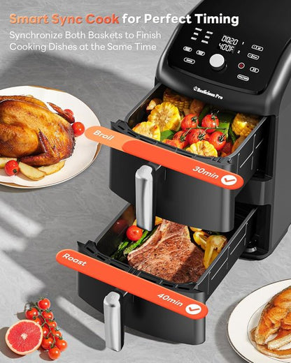 12QT Large Double Air Fryer by [Brand Name] - 10-in-1 Dual Airfryer with SyncHeat Tech, Compact Design, PFAS-Free, Black
