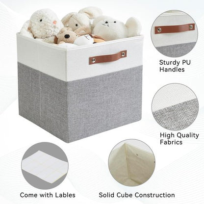 Bagnizer Collapsible Storage Cube Bins - Foldable Organizer Baskets with 2 Handles | 13"x13"x13", Gray & White, 4 Pack
