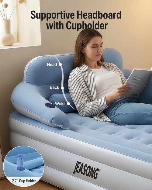 JEASONG Queen Air Mattress - 20" Raised Inflatable Bed with Built-in Pump & Headboard | Portable for Camping & Guests