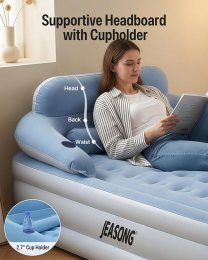 JEASONG Queen Air Mattress - 20" Raised Inflatable Bed with Built-in Pump & Headboard | Portable for Camping & Guests