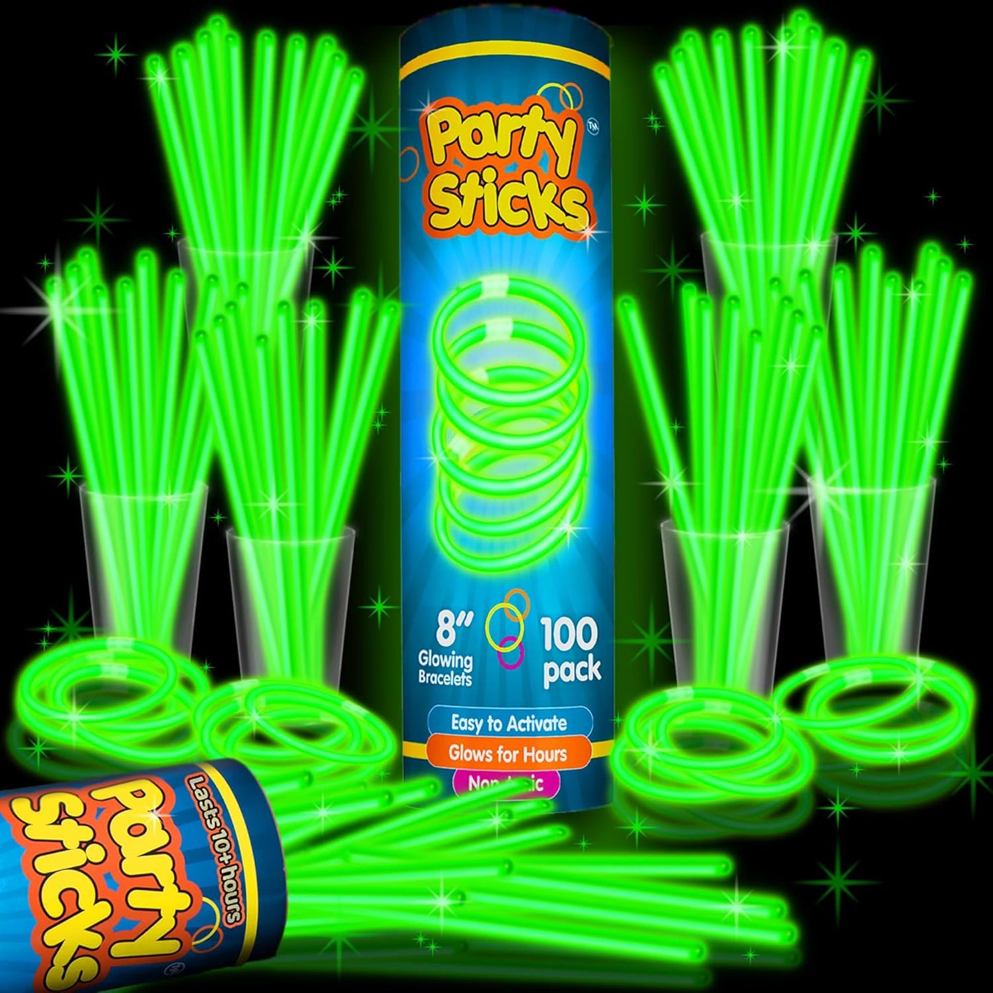 PartySticks Green Glow Sticks - 100 Pack of 8-Inch Glow in the Dark Light-Up Party Favors & Connectors