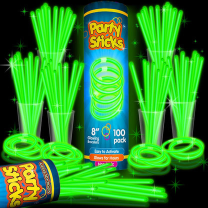 PartySticks Green Glow Sticks - 100 Pack of 8-Inch Glow in the Dark Light-Up Party Favors & Connectors