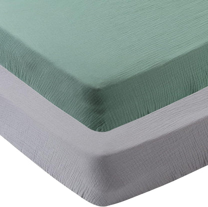 Onacosht Muslin Crib Sheets - Soft 100% Cotton Fitted Sheets for Standard Toddler Crib | 2-Pack in Grey & Green