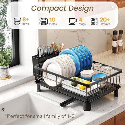 SNTD Dish Drying Rack - Stainless Steel Space-Saving Kitchen Rack with Utensil Holder | 11" W x 15" L (Black)