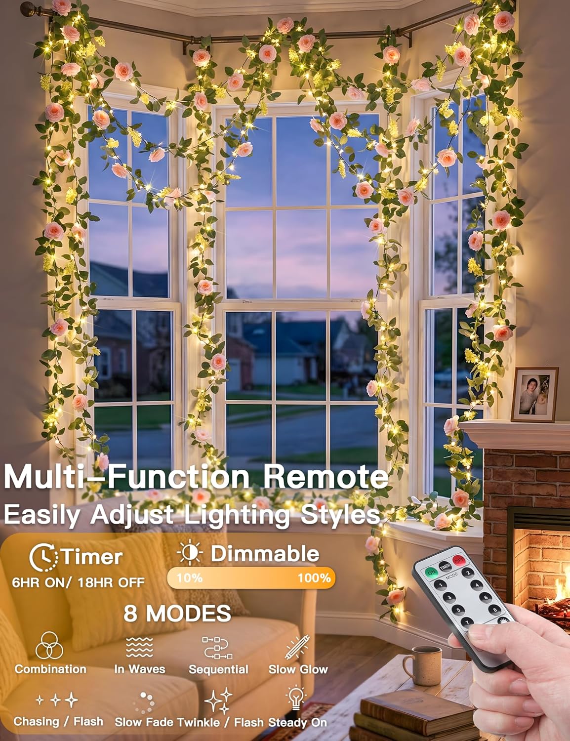 Suddus Flower Garland - Pink Camellia Fairy Lights | 60 LED Battery-Operated Vines with Remote for Indoor Decor