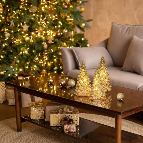 KI Store Lighted Glass Christmas Tree Figurine Set - Timer-Operated Mercury Glass Decor | 3-Piece Centerpiece