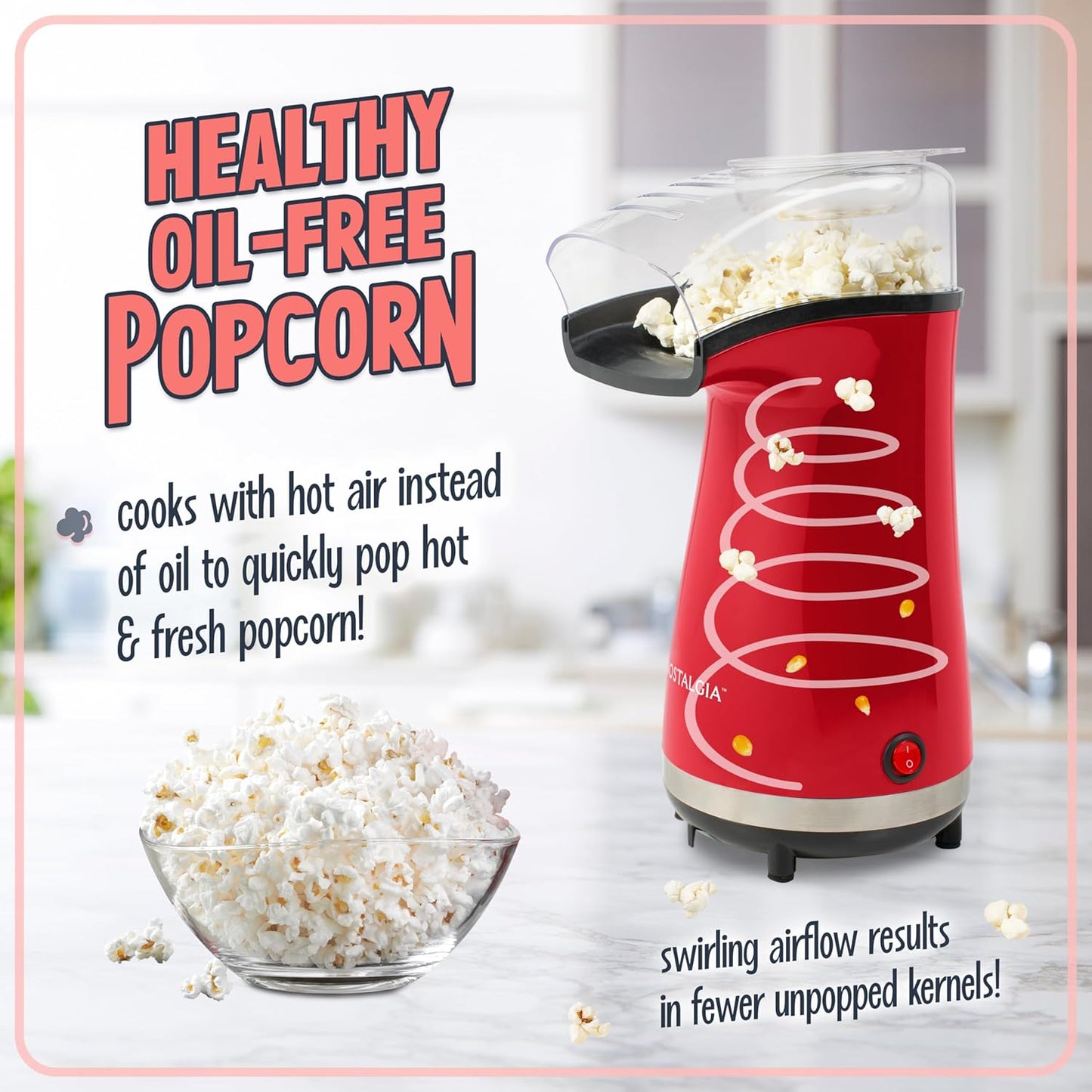 Nostalgia Air Popper Popcorn Maker - 16 Cups Oil-Free Popcorn - Includes 4-Oz Measuring Cup - Red