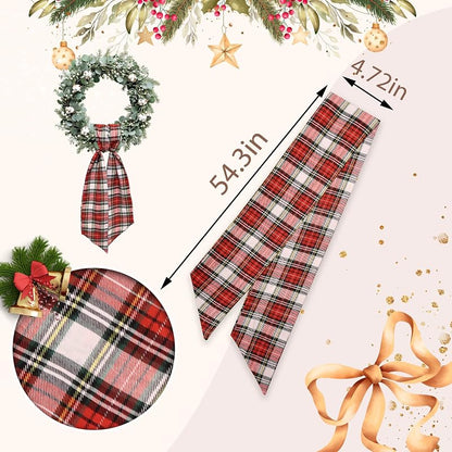 Christmas Wreath Sash for Front Door - Red Green Burlap Plaid Ribbon, 54.3 in
