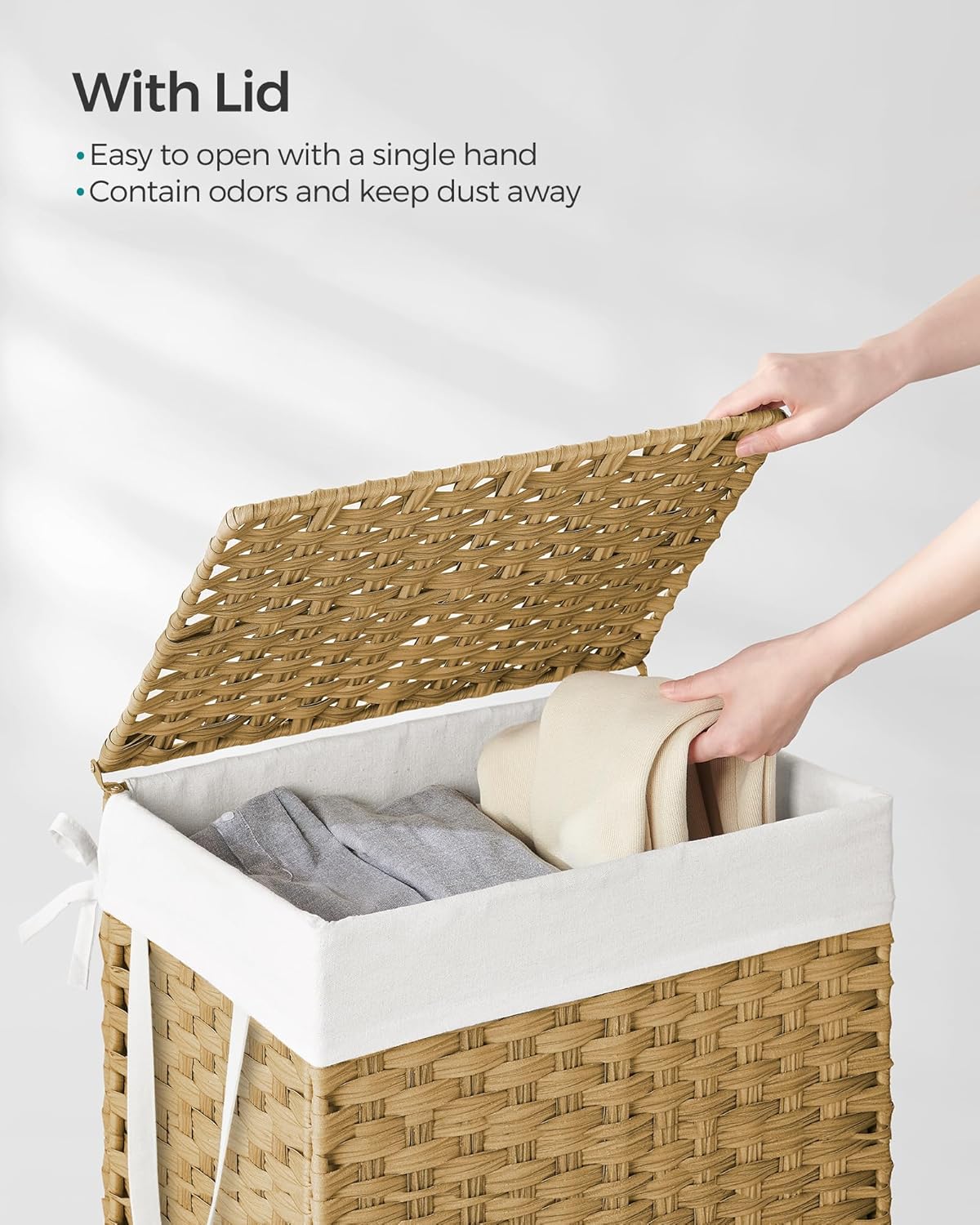 SONGMICS Laundry Hamper - 23.8 Gallon Synthetic Rattan Basket with Lid & Handles | Goose Yellow, Foldable