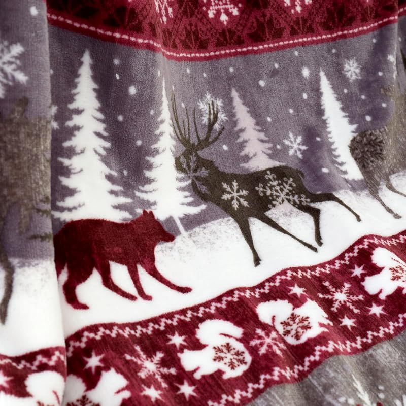 Winter Nordic Reindeer Throw Blanket - Burgundy 51"×67" Fleece, Queen