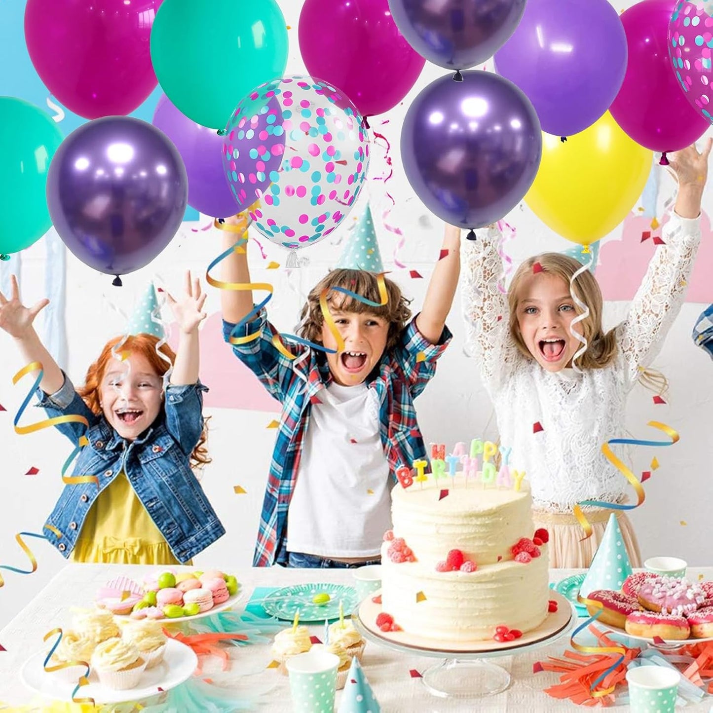 Skiennix 12-Inch Hot Pink, Purple & Teal Balloons - 60 Pcs Metallic Confetti for Kids' Birthday & Baby Shower Party Decor