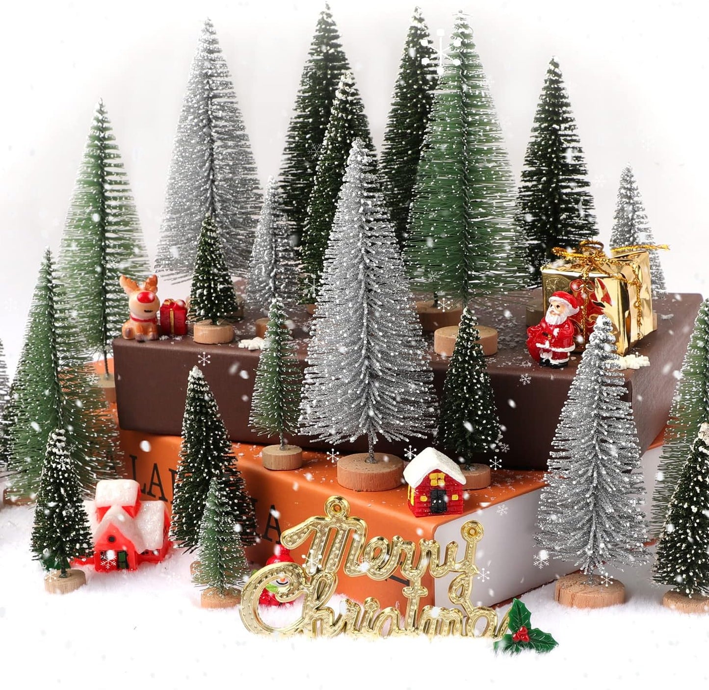 Skiennix Mini Christmas Trees - 30Pcs Artificial Bottle Brush Trees with Wooden Base for Festive Decor