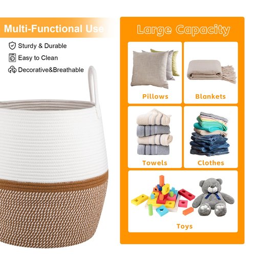 OIAHOMY 60L Blanket Basket with Handle, Storage Basket for Living Room, Laundry Hamper for Clothes, Towels, Pillows, Toy Storage for Kids and Dogs, Baby Hamper for Nursery - Brown & White