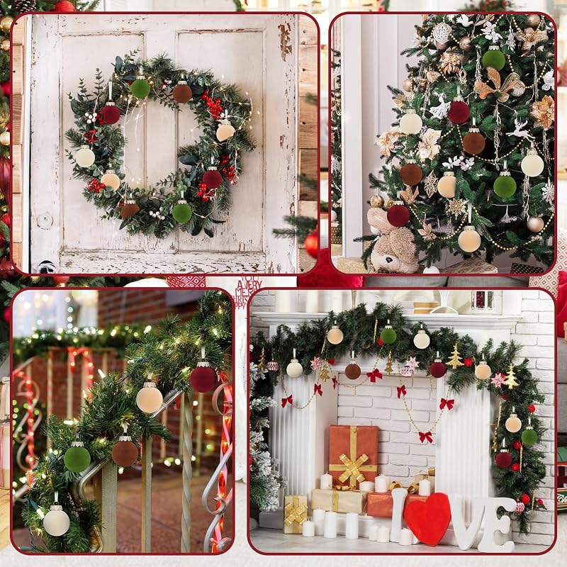 Velvet Flocked Christmas Tree Ornaments Set 25 Pcs 2.36in Multicolor Shatterproof Balls