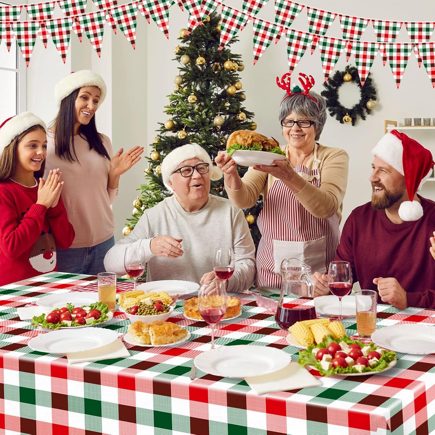 Skiennix 54" x 108" Plastic Tablecloth - Red Green White Plaid Design for Parties & Holidays