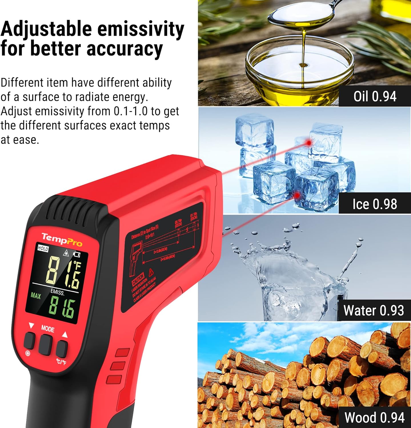 TempPro D50 Dual Laser Infrared Thermometer Gun - Adjustable Emissivity & MAX/MIN/AVG Display for Cooking & Industrial Use