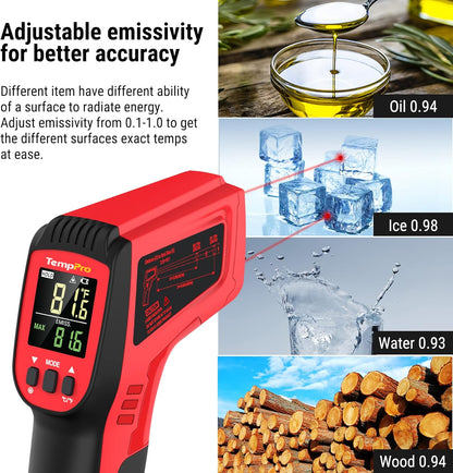 TempPro D50 Dual Laser Infrared Thermometer Gun - Adjustable Emissivity & MAX/MIN/AVG Display for Cooking & Industrial Use