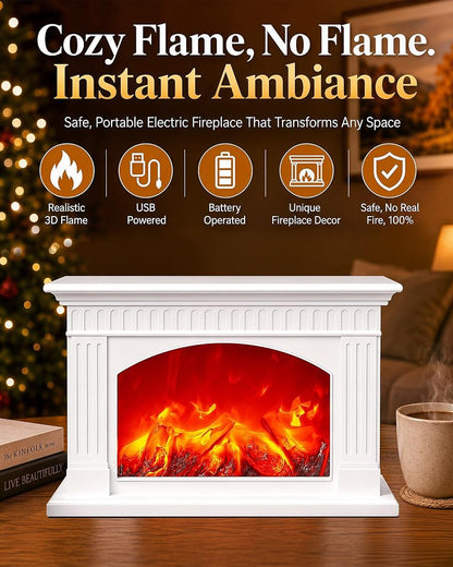 White Electric Fireplace Lantern with Realistic Flame Effect - Portable USB/Battery Powered