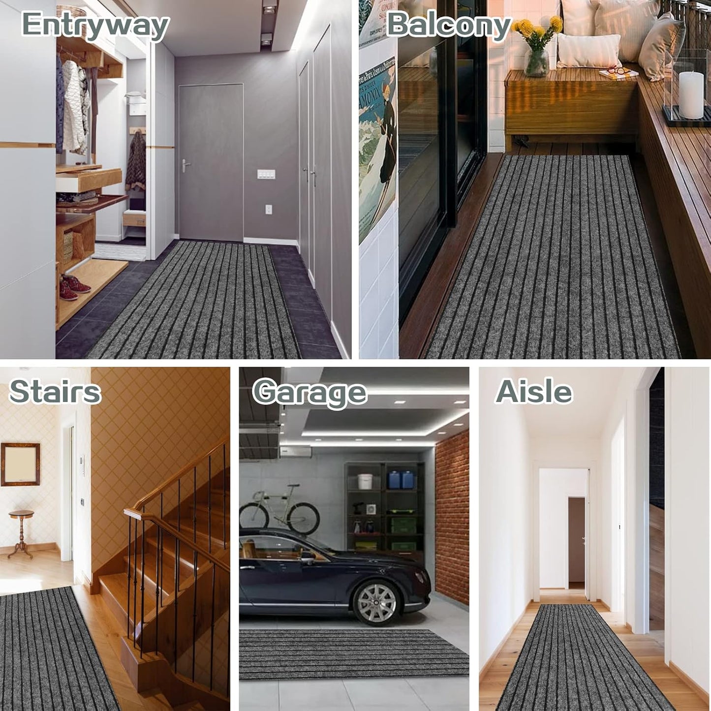 Skiennix Custom Size Runner Rug - Non-Slip Rubber Backing | Gray with Black Stripe, 2 ft x 6 ft for Hallway & Kitchen