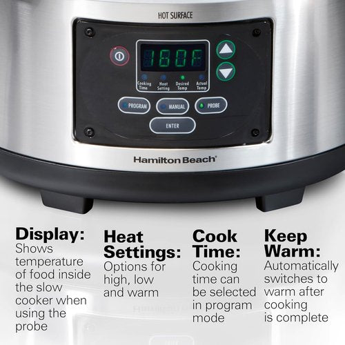 Hamilton Beach 6 Quart Digital Programmable Slow Cooker - Lid Lock, Temperature Probe, Stainless Steel