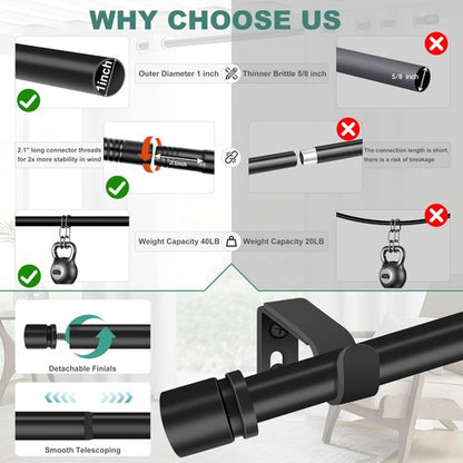 Ottsuls Curtain Rods for Windows, 32 to 46 or 58 Inches Max Adjustable Length, 1 Inch Diameter, Black Decorative Curtain Rod Set, Rustproof Heavy Duty Metal Pole with Brackets
