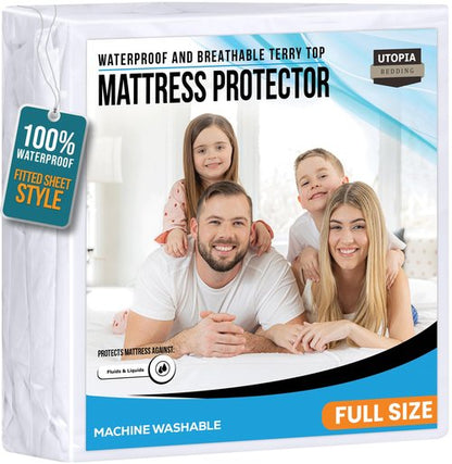 Full Size Mattress Protector Waterproof, Premium 200 GSM Terry Mattress Cover, Soft & Breathable Bed Cover, Fitted Sheet Style Stretchable Deep Pockets 15" by Utopia Bedding (White)