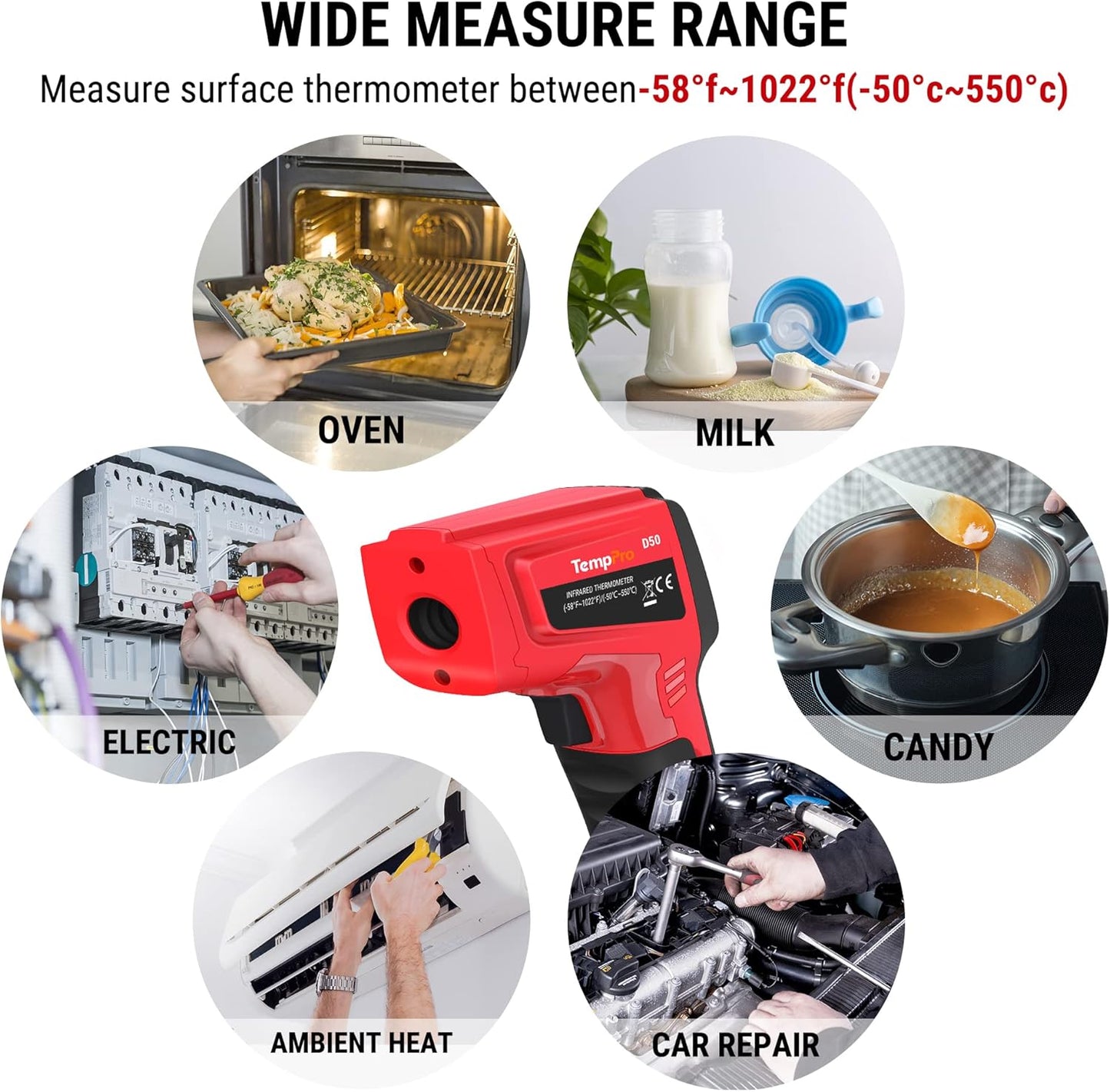 TempPro D50 Dual Laser Infrared Thermometer Gun - Adjustable Emissivity & MAX/MIN/AVG Display for Cooking & Industrial Use